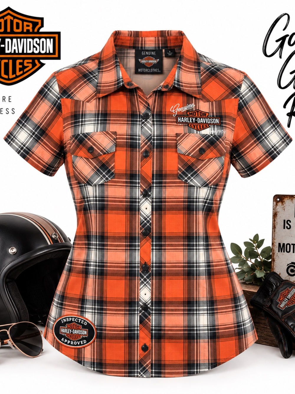 Harley-Davidson Woman's Orange Rhinestone Bling Biker Motorcycle Shirt